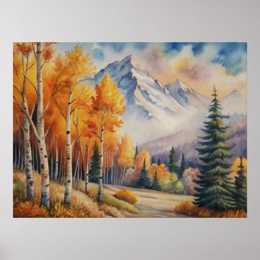 Waterverf herfstbos met bergen poster (Voorkant)