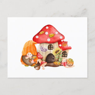 Waterverf herfstkabouter en champignonhuis briefkaart