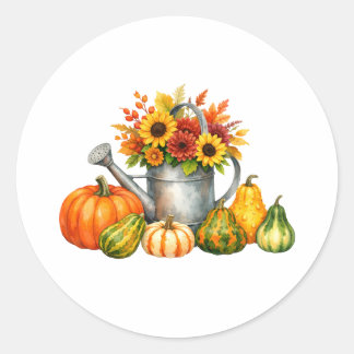 Waterverf herfstpompoenen en gietkan ronde sticker