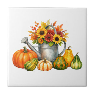 Waterverf herfstpompoenen en gietkan  tegeltje