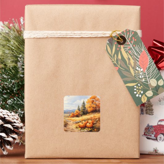 Waterverf Herfstweg Pompoen vallende bladeren Vierkante Sticker (Feestdagen)