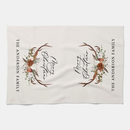 waterverf hert bloemenvrolijk kerstfeest theedoek (Horizontaal)