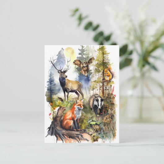 Waterverf herten, vossen, dassen en briefkaart (Staand voorkant)