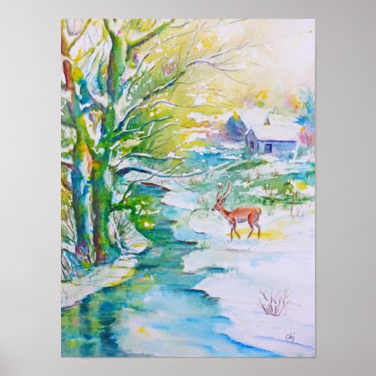 Waterverf Het Schilderen van sneeuw Deer Stream La Poster (Voorkant)