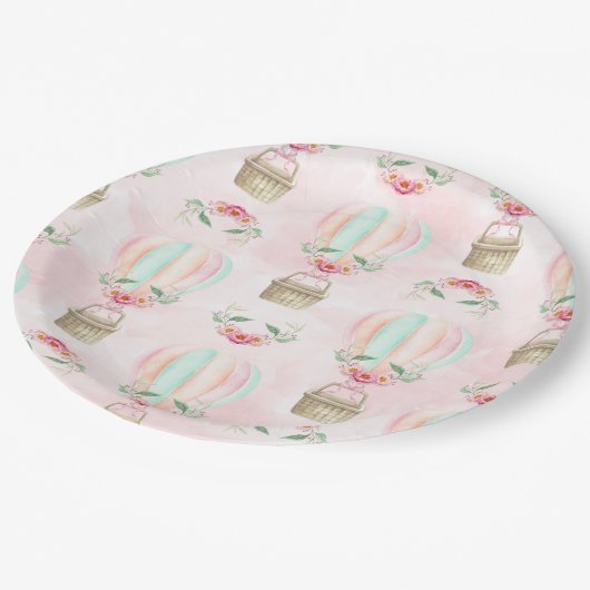 Waterverf Hete Luchtballon Mint Roze Perzik Papieren Bordje (Gekanteld)