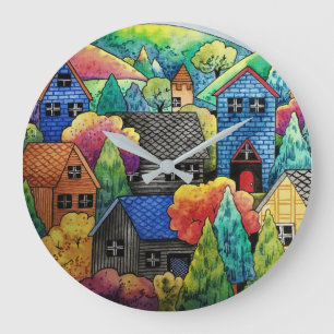 Waterverf heuveldorp met kleurrijke huizen grote klok