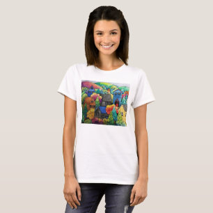 Waterverf heuveldorp met kleurrijke huizen t-shirt