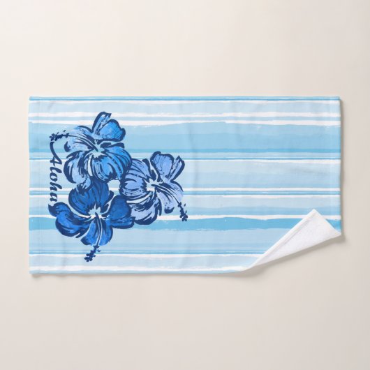 Waterverf Hibiscus Hawaiian Stripe - Blauw Bad Handdoek (Handdoek)