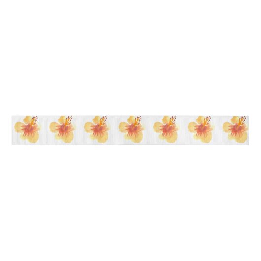 Waterverf Hibiscus Yellow Oranje Tropisch Floral Grosgrain Lint (Voorkant)