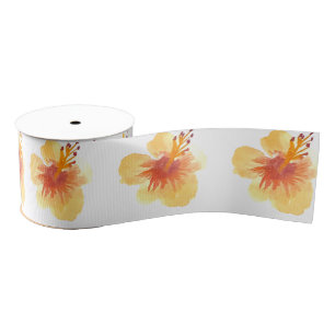 Waterverf Hibiscus Yellow Oranje Tropisch Floral Grosgrain Lint