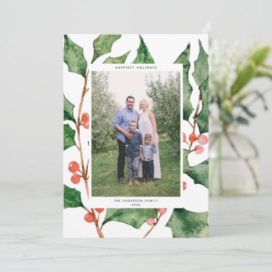 Waterverf Holly + Berries Holiday-fotokaart Feestdagenkaart (Staand voorkant)