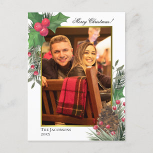 Waterverf Holly Berries Pine Cone & Greens Foto Feestdagenkaart