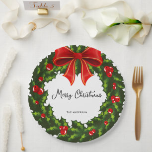 Waterverf Holly Berry en rood lint feestelijk Papieren Bordje