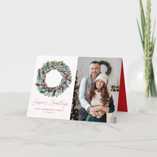 Waterverf Holly Berry & Greenery Krans 2 Foto Feestdagen Kaart (Voorkant)