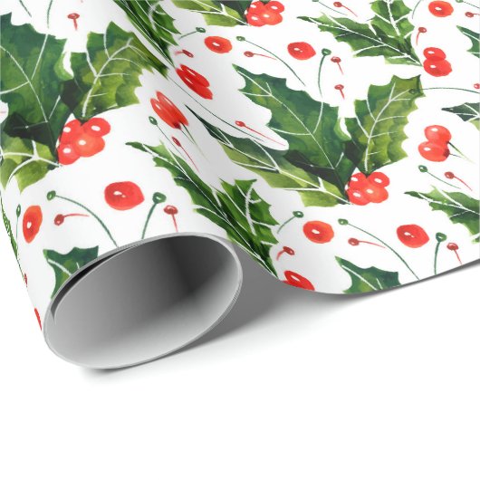 Waterverf Holly Berry Mistletoe Kerstfeestdag Cadeaupapier (Rol Hoek)