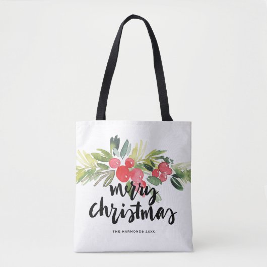 Waterverf Holly Brush Lettering Merry kerst Tote Bag (Voorkant)