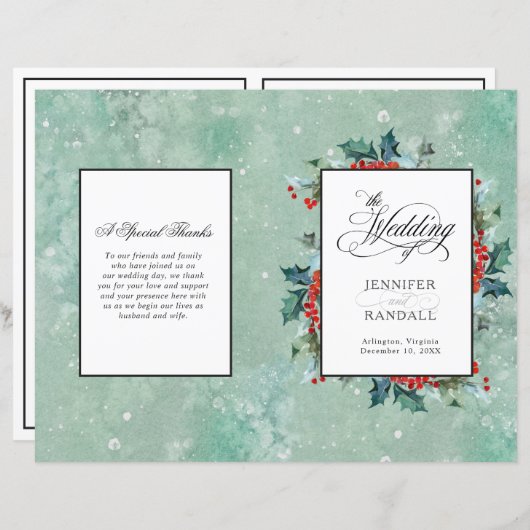 Waterverf Holly en Berrie Folded Wedding Programme (Voorkant / Achterkant)