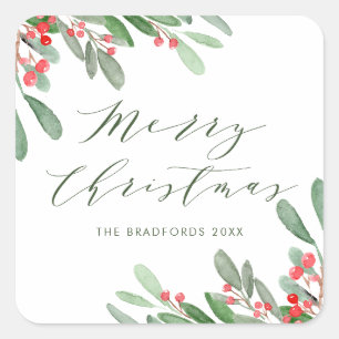 Waterverf Holly en Greenery Borden Kerstmis Vierkante Sticker