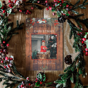 Waterverf Holly Merry kerstfoto Cherry Wood Feestdagenkaart