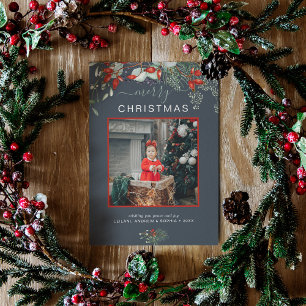 Waterverf Holly Merry-kerstfoto Dusty Blue Feestdagenkaart