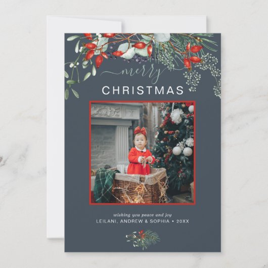 Waterverf Holly Merry-kerstfoto Dusty Blue Feestdagenkaart (Voorkant)