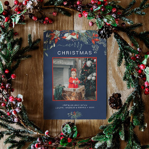 Waterverf Holly Merry-kerstfoto Navy Blue Feestdagenkaart