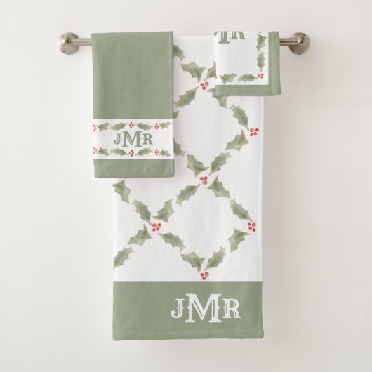 Waterverf Holly Monogrammed Kerstrood Groen Bad Handdoek (Insitu)