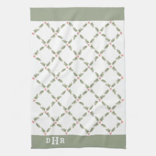 Waterverf Holly Monogrammed Kerstrood Groen Theedoek