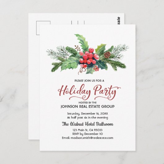 Waterverf Holly Pine & Berry | Vakantie Briefkaart (Voorkant / Achterkant)