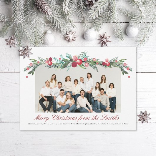 Waterverf Holly Pine Elegante Grote Familiefoto Feestdagenkaart