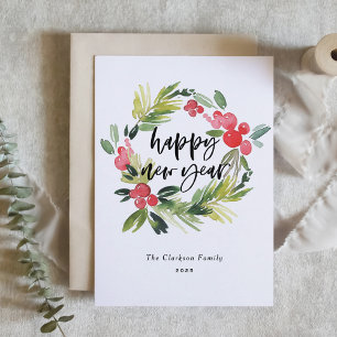 Waterverf Holly Wreath 2025 Gelukkig Nieuwjaar Feestdagen Kaart