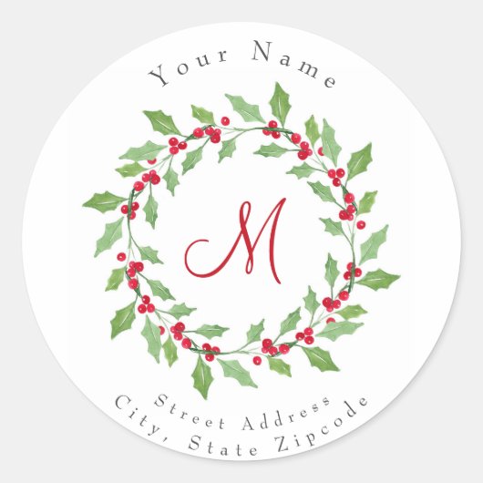 "Waterverf Holly Wreath"-labels Ronde Sticker (Voorkant)