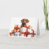 Waterverf hond achter kerstcadeaus kaart (Voorkant)