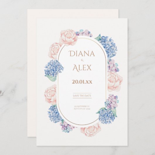 waterverf hortensia pioen bewaar de datum bruiloft kaart (Voorkant / Achterkant)