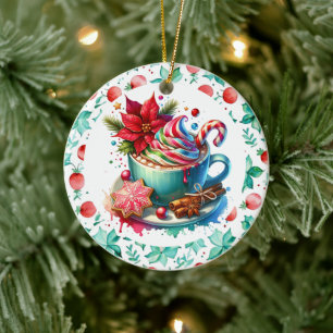 Waterverf Hot Cocoa, Candy Cane Gepersonaliseerd Keramisch Ornament
