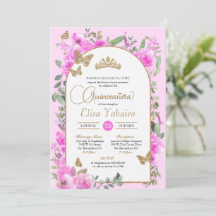 Waterverf Hot roze gouden vlinder quinceañera Kaart