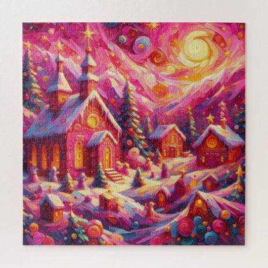Waterverf Hot Roze Huis Kerstmis Motieven Vakantie Legpuzzel (Verticaal)