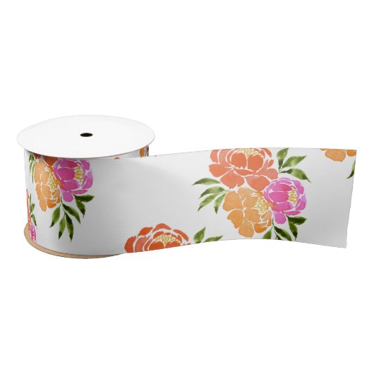 Waterverf Hot Roze Sinaasappel Bloemen Botanisch Lint (Spoel)