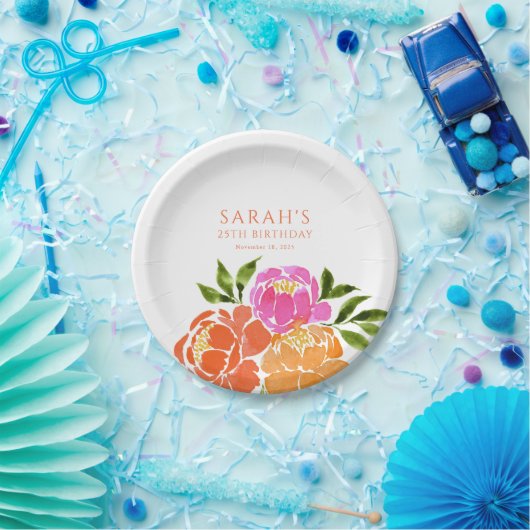 Waterverf Hot Roze Sinaasappel Bloemen Kleurrijk Papieren Bordje (Feest)