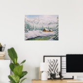 Waterverf Houten hout en pijnbomen in sneeuw Poster (Thuiskantoor)