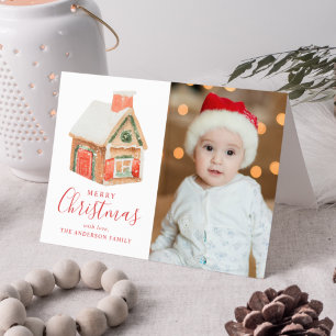 Waterverf Huis Van Peperkoek Vrolijk Kerstmis Foto Feestdagen Kaart