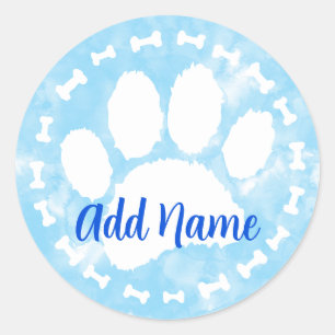 Waterverf Huisdier Pootafdruk en Botten Blauw Ronde Sticker