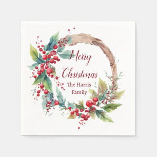 Waterverf hulst krans gepersonaliseerd Kerstmis Servet