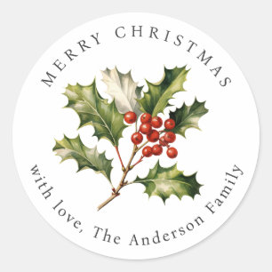 Waterverf Hulst Rode Bessen Kerst Vakantie Ronde Sticker