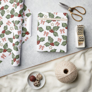 Waterverf Hulstbes en Suikerstok Boog Kerstmis Cadeaupapier