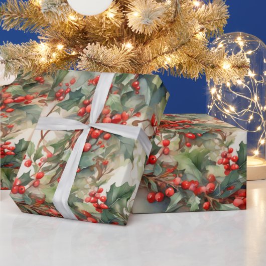  waterverf hulstbessen bladeren cadeaupapier (Feestdagen)