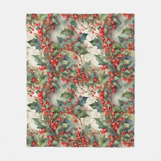 waterverf hulstbessen bladeren fleece deken (Voorkant)