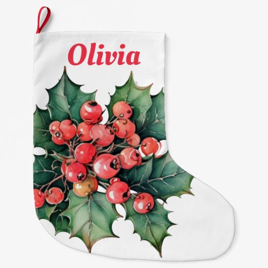  waterverf hulstbessen bladeren grote kerstsok (Voorkant)