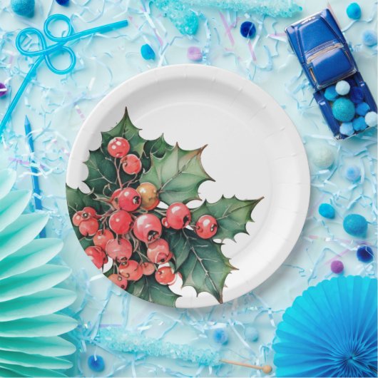 waterverf hulstbessen bladeren papieren bordje (Feest)