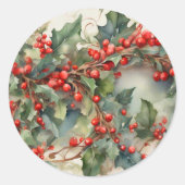 waterverf hulstbessen bladeren ronde sticker (Voorkant)